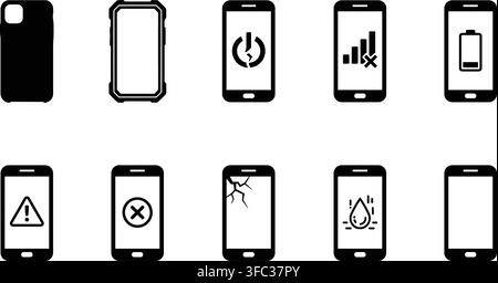 Smartphone diagnostics and troubleshooting solid glyph icons showing battery signal damage and screen issues vector. Stock Vector