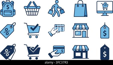 Shopping retail vector icons set blue colors backpack basket person shopper gift bag computer store sales labels. Stock Vector