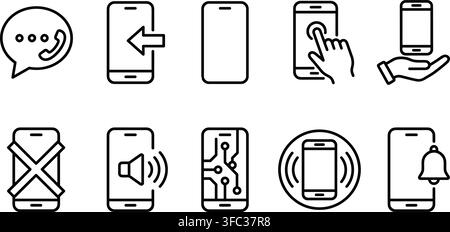 Smart phone notification line icon set featuring incoming calls silence mode vibration alert and connection status. Stock Vector