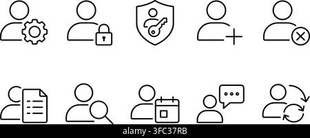 Simple set of black thin line user management icons for web application focusing on profile and security tasks. Stock Vector