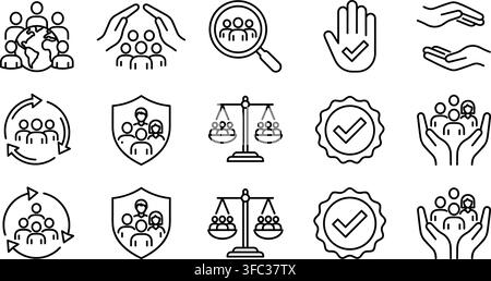 Social justice and community protection line icons showing human rights equality diversity and group safety concepts. Stock Vector