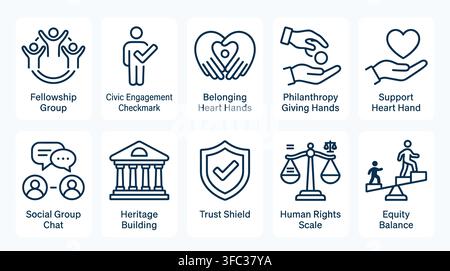 Social icons representing community engagement and support for civic responsibility and belonging. Stock Vector