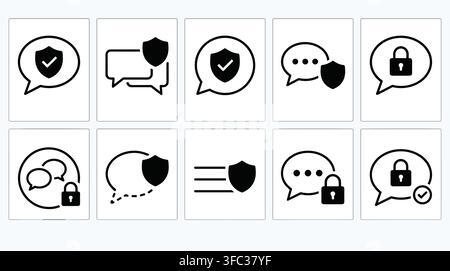 Speech bubble icons with shield and lock security symbols for communication privacy and data protection web interface. Stock Vector
