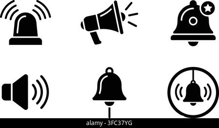 Solid black glyph icon set with siren megaphone star bell sound and notification for system alert and communication. Stock Vector