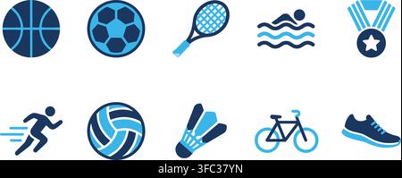 Sports and recreation activities vector icons set in blue colors for healthy lifestyle branding and exercise layout. Stock Vector