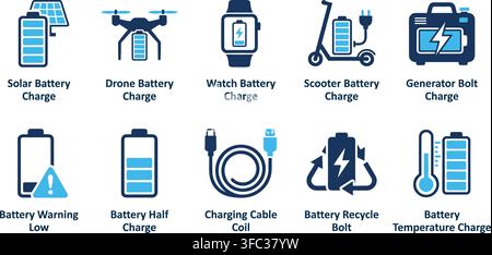 Solar, drone, watch, scooter, generator, low, half, cable, recycle, temperature battery charge vector icon set. Stock Vector