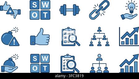 Strategic business analysis icons showing swot matrix strength link bomb risk alert and organizational hierarchy tree. Stock Vector