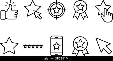 Star rating and like thumb icon set with cursor pointers for website feedback and user interface design elements. Stock Vector