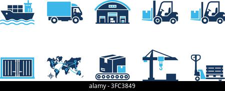 Supply chain and distribution management flat icons with freight ships and forklift machinery for industrial logistics. Stock Vector