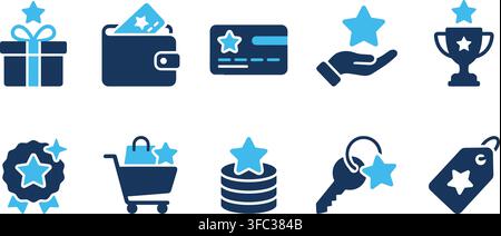 Star reward icons collection blue flat vector graphics for business loyalty programs achievements and shopping awards. Stock Vector
