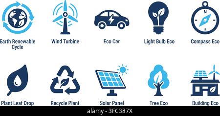 Sustainable energy icon set with earth cycle wind turbine eco car and solar panel flat symbols for green technology. Stock Vector