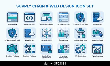 Supply chain and web design icon set vector blue themed flat symbols for logistics data security and network node. Stock Vector