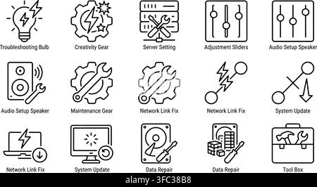 Technical repair icon collection featuring maintenance tools server settings and digital system updates in line art. Stock Vector