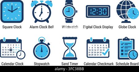 Time management and scheduling clock icons in blue colors with labels for planners calendars and organizing agendas. Stock Vector