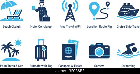 Tourism and holiday leisure icons set featuring beach activities and travel essentials in blue and navy graphics. Stock Vector