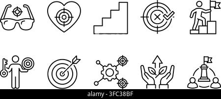 Targeting and goal achievement line icons set black thin stroke outline symbols on transparent background for business. Stock Vector