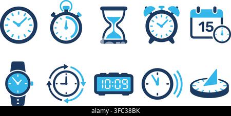 Time management clock icons set featuring calendars timers and stopwatches for schedules and productivity planning. Stock Vector