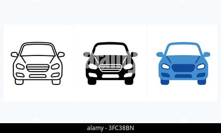 Three front view car icons in outline, solid black, and colorful blue styles for automotive industry applications, transport, or rental services. Stock Vector