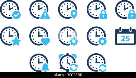 Time management and schedule clock icons collection in blue and navy colors for business planning and appointments. Stock Vector