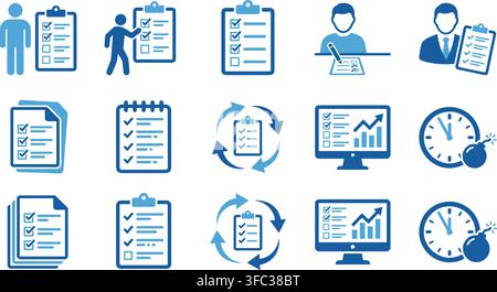 Task planning checklist icons in blue depicting clipboard survey computer analytics clock schedule and businessmen. Stock Vector