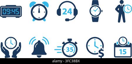 Time and clock related icons in blue and light blue showing alarm, watch, and calendar for scheduling purposes. Stock Vector