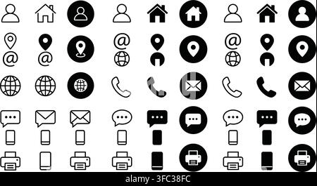 Universal contact communication icon set displaying user profiles home locations email symbols and digital devices. Stock Vector