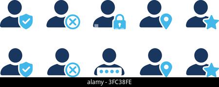 User account security interface icons featuring blue profile avatars and protection lock symbols for digital platforms. Stock Vector