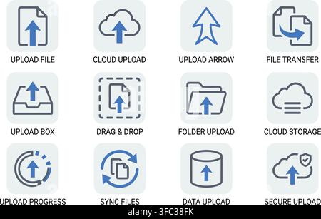 Upload file, cloud upload, upload arrow, file transfer, upload box, drag and drop, folder upload icons. Stock Vector