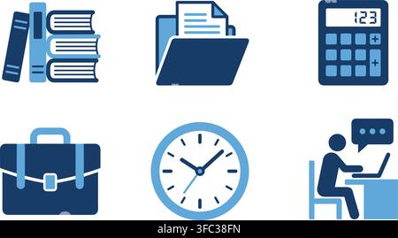 Various business and office icons, blue and light blue, representing work, finance, and planning for presentations. Stock Vector