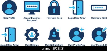 User account management icons set featuring profiles passwords settings and notifications for digital security ui. Stock Vector