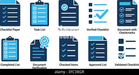 Various checklist and document icons in blue and black for task completion and verification processes. Stock Vector