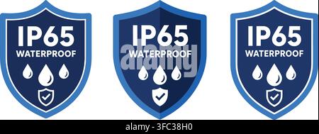 Waterproof ip65 protection shields displaying blue labels showing droplets and checkmarks for equipment safety mark. Stock Vector