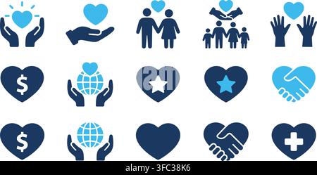 Volunteer service and humanitarian aid icons featuring blue hearts hands global support and financial donation signs. Stock Vector