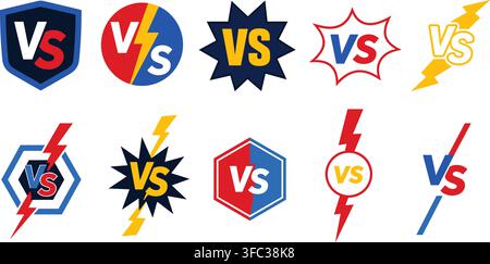 Versus logo templates featuring dynamic lightning strikes and geometric shield shapes for competitive game displays. Stock Vector