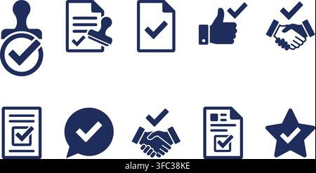 Vector blue checkmark icons set representing approval, completion, and success in various business contexts. Stock Vector
