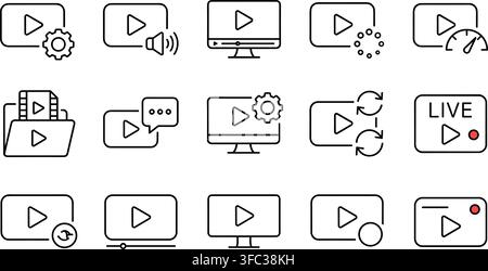 Video player interface outline icons set with media setting volume live stream and loading signs for website. Stock Vector