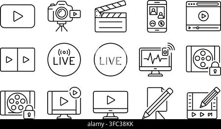 Video production and multimedia outline icons in black color showing recording tools for content creators. Stock Vector
