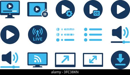 Video player interface blue icons set with play pause volume settings and live stream buttons for media applications. Stock Vector