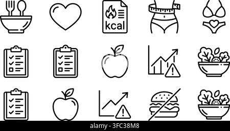 Weight loss diet line icon collection black outline symbols representing healthy eating calorie control and fitness. Stock Vector