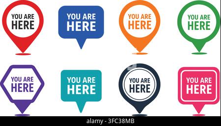 You are here location pins set, featuring various shapes and colors for mapping and navigation applications. Stock Vector