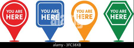 You are here location pins set, featuring various shapes and colors for mapping and navigation applications. Stock Vector