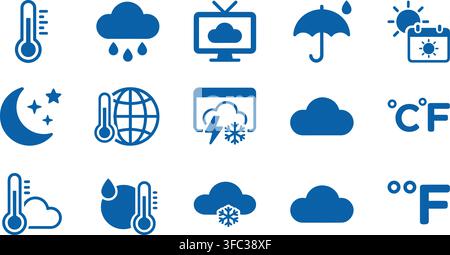 Weather forecast icons set, featuring various climate conditions and temperature units for digital display and applications. Stock Vector