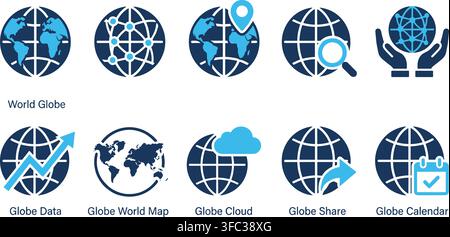 World globe icons set featuring blue and dark navy line art for global communication network and business logistics. Stock Vector