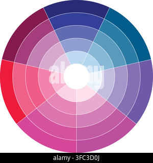 Colorful circular color wheel chart displaying diverse pink purple and blue gradient shades for designer color matching palette. Stock Vector