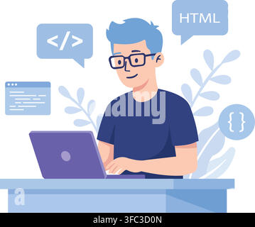 Young male developer working on laptop with html code speech bubbles and foliage background for software engineering concept. Stock Vector
