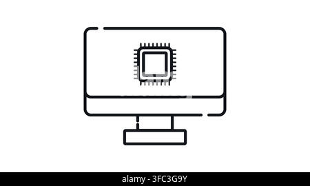 Desktop computer monitor with microprocessor chip symbol on screen vector icon. Black line art style on white background. Stock Vector