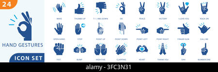 hand gesture icon set collection for non verbal communication, body language, expression, sign language, and interactive user interface design. Stock Vector