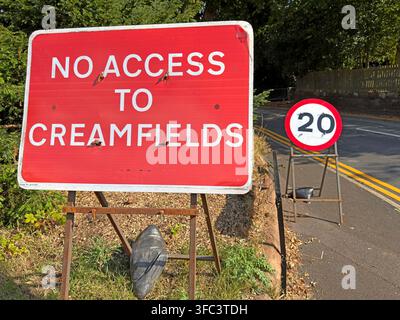 Red 'No Access to Creamfields' traffic control sign on a Daresbury road, Cheshire, ahead of the August Bank Holiday 2026 dance festival. Stock Photo