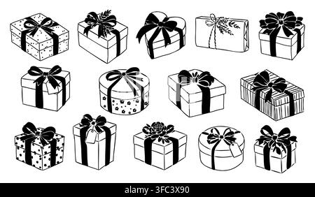 Black white gift boxes with bows in various styles Stock Vector
