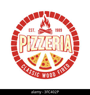 Retro red and white vintage pizzeria badge featuring a brick oven frame wood fire and three pizza slices Stock Vector